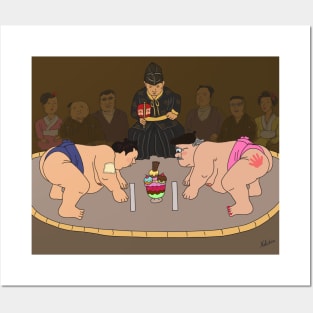 Japanese Sumo wrestlers fighting for ice cream dessert Posters and Art